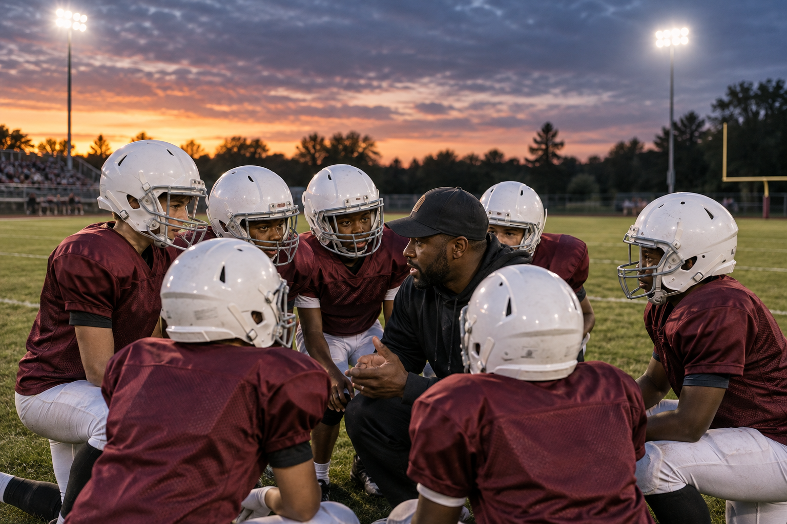 Illustrative scene of young athletes in maroon uniforms huddling with a coach at dusk
