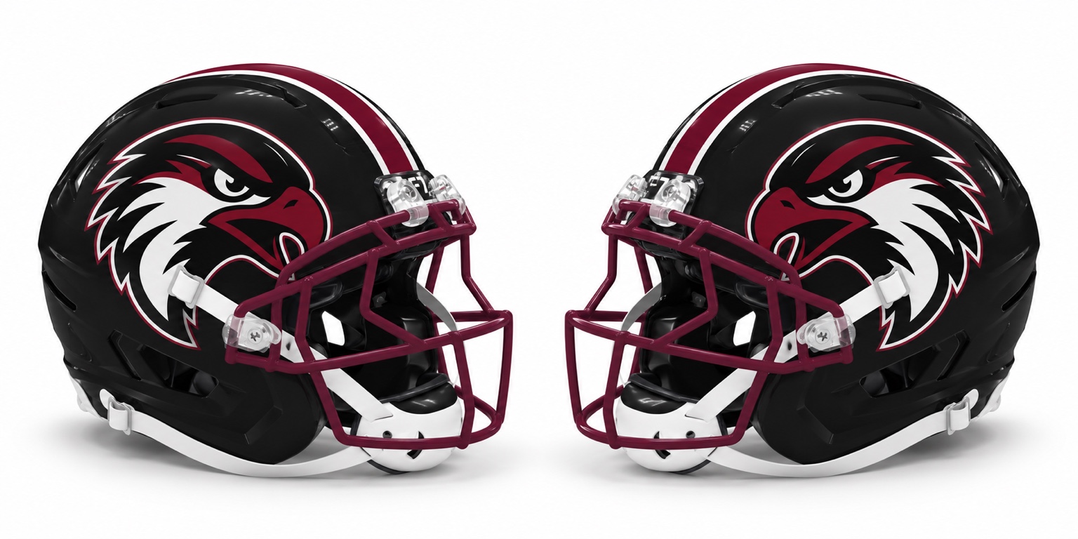 Black Hawk football helmets with maroon facemasks